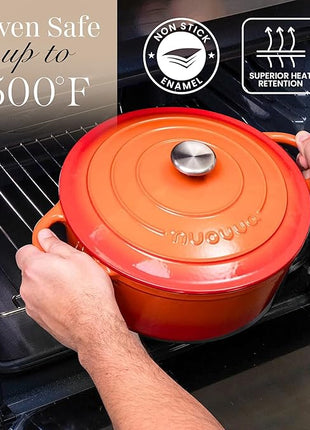 Nuovva Enamelled Cast Iron Dutch Oven Pot with Lid – 6.4 Quart Non Stick Casserole Pot – Heavy Duty & Oven Safe up to 500° F for Bread Baking, Braising, Stews, Roasting – 28cm Orange
