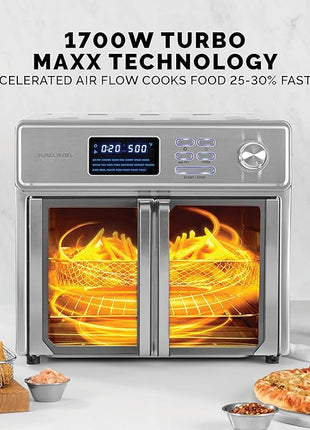 Kalorik MAXX Air Fryer Oven, 26 Quart 10-in-1 Countertop Toaster Oven & Air Fryer Combo - Fry, Bake, Roast, Rotisserie, & More, Large Glass French Doors & 9 Accessories, 1700-Watts, Stainless Steel