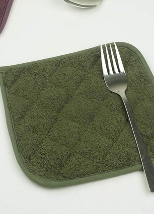100% Cotton Kitchen Everyday Basic Terry Pot Holder Heat Resistant Coaster Potholder for Cooking and Baking Set of 5 Olive Green