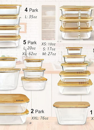 Urban Green Glass Food Storage Containers, XXLarge Size, 76oz/2260ml, 2 Pack - Bamboo Lids, Microwave & Freezer Safe, Meal Prep & Pantry Organization
