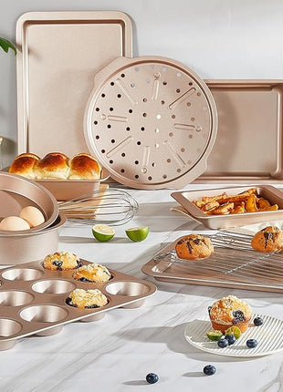 HONGBAKE Bakeware Sets, Baking Pans Set, Nonstick Oven Pan for Kitchen with Wider Grips, 10-Piece Including Rack, Cookie Sheet, Cake Pans, Loaf Pan, Muffin Pan, Pizza Pan - Champagne Gold