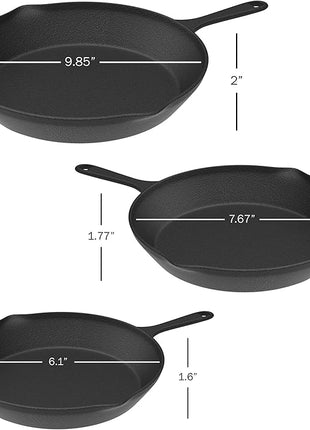 Frying Pans - Set of 3 Pre-Seasoned Cast Iron Skillets with 10-Inch, 8-Inch, and 6-Inch Sizes - Nonstick Camping Cookware by Home-Complete (Black)
