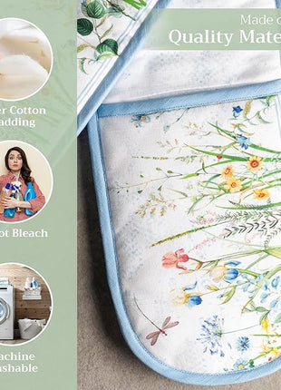 Maison d' Hermine Double Oven Mitts 100% Cotton 7"x35" Double Oven Mitt Heat Resistant BBQ Cooking Gloves with Loop, Baking, Grilling, Home, Kitchen, Handling Hot Pans Spring Summer (Fleurs De Mai)