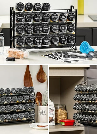 AOZITA Spice Rack Organizer for Cabinet, Spice Organizer with 28 Empty Spice Jars with Black Lids, Funnel, Spice Labels, Seasoning Organizer for Countertop, Cabinet, Kitchen, Pantry, Cupboard