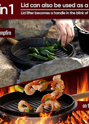 Pre-Seasoned Dutch Oven Set - 5 Quart Cast Iron Dutch Oven Pot with Lid, Fire Pot without Feet for Bread Baking & Cooking - Includes 2-in-1 Lid Lifter, Brush & Recipe Book [for 1-3 People]