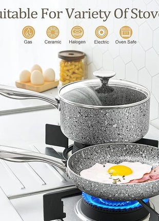 MICHELANGELO Pots and Pans Set 10 Piece, Cookware Set with Granite Coatings for Super Nonstick Result Essential Stone Cookware Sets with Utensil Set, Induction Compatible, PFOA Free