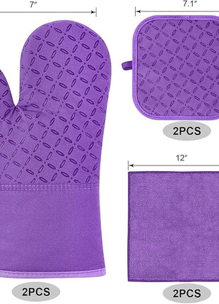 KEGOUU Oven Mitts and Pot Holders 6pcs Set, Kitchen Oven Glove High Heat Resistant 500 Degree Extra Long Oven Mitts and Potholder with Non-Slip Silicone Surface for Cooking (Purple)