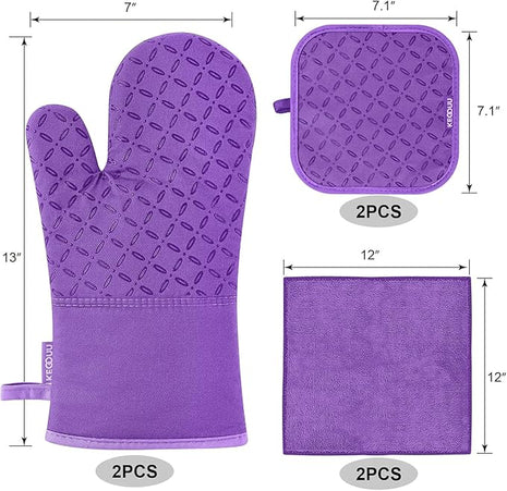 KEGOUU Oven Mitts and Pot Holders 6pcs Set, Kitchen Oven Glove High Heat Resistant 500 Degree Extra Long Oven Mitts and Potholder with Non-Slip Silicone Surface for Cooking (Purple)