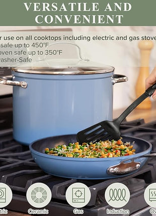 Nuwave Healthy Duralon Blue Ceramic Nonstick Cookware Set, Diamond Infused Scratch-Resistant, PFAS Free, Dishwasher & Oven Safe, Induction Ready & Evenly Heats, Tempered Glass Lids & Stay-Cool Handles