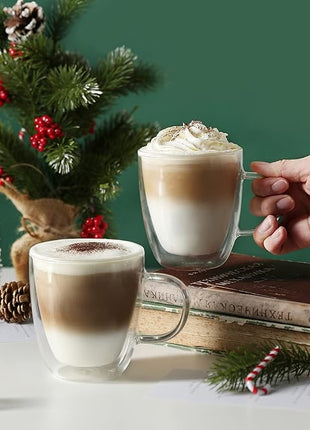 CNGLASS Large Glass Coffee Mugs 12oz,Double Walled Insulated Cappuccino Mug with Handle,Set of 4