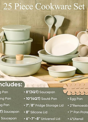 CAROTE 25pcs Pots and Pans Set Non Stick, Cookware Sets, Kitchen Set, Oven/Dishwasher/Fridge Safe, Space Saving Pots Set, Nonstick Set with Versatile Detachable Handle, Induction RV Set, Green