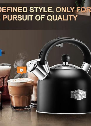 SUSTEAS Tea Kettle - 3.17QT Whistling Kettle with Ergonomic Handle - Premium Stainless Steel Tea Pots for Stove Top, Chic Vintage Teapot with Composite Base, Work for All Stovetops (Black)