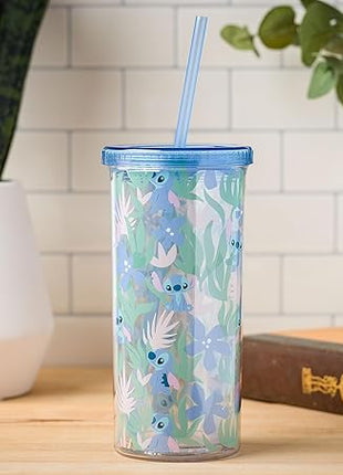 Silver Buffalo Disney Lilo and Stitch Cute Floral and Leaves Pattern Plastic Tall Cold Cup with Lid and Straw, 20 Ounces