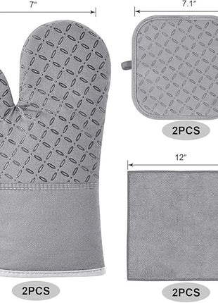 KEGOUU Oven Mitts and Pot Holders 6pcs Set, Kitchen Oven Glove High Heat Resistant 500 Degree Extra Long Oven Mitts and Potholder with Non-Slip Silicone Surface for Cooking (Light Gary)
