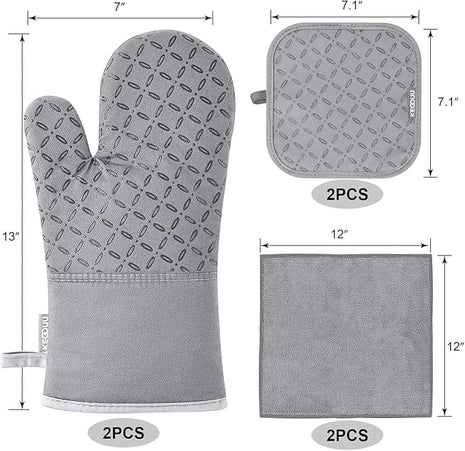 KEGOUU Oven Mitts and Pot Holders 6pcs Set, Kitchen Oven Glove High Heat Resistant 500 Degree Extra Long Oven Mitts and Potholder with Non-Slip Silicone Surface for Cooking (Light Gary)