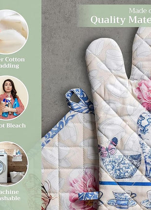 Maison d' Hermine 100% Cotton Oven Mitt & Pot Holder Set (7.5"x13" & 8"x8") Heat Resistant BBQ Cooking Gloves with Loop, Baking, Grilling, Kitchen, Handling Hot Pans Spring/Summer (Canton)