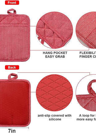 Pot Holders Yarn-Dyed Set of 3 Non Slip Silicone Kitchen Lines Heat Resistant 500℉ Kitchen Gloves BBQ Cooking Baking Cooking Barbecue Microwave Machine Washable (Red Pot Holders)