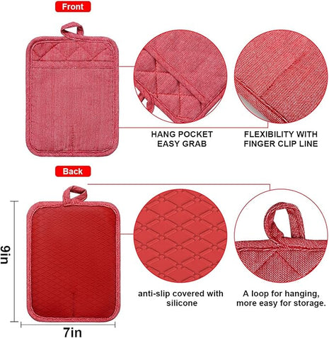 Pot Holders Yarn-Dyed Set of 3 Non Slip Silicone Kitchen Lines Heat Resistant 500℉ Kitchen Gloves BBQ Cooking Baking Cooking Barbecue Microwave Machine Washable (Red Pot Holders)