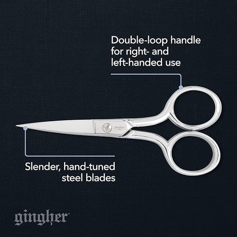 Gingher Embroidery Scissors, Precision Craft Scissors, Hand-Tuned Blades & Double Loop Handle, 4”, Silver/Nickel