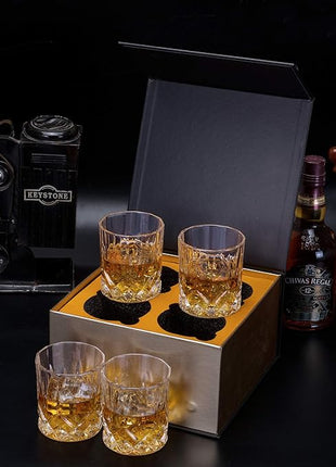 KANARS Old Fashioned Whiskey Glasses with Luxury Box - 10 Oz Rocks Barware For Scotch, Bourbon, Liquor and Cocktail Drinks - Set of 4 - Men Gift
