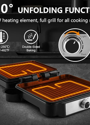 MONXOOK Panini Press Sandwich Maker, 4 Slices Panini Grill Non-Stick Coated Plates, Panini Makers with Temperature Control, Opens 180 Degrees, Removable Drip Tray, 1400W, Stainless Steel