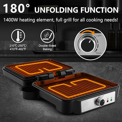 MONXOOK Panini Press Sandwich Maker, 4 Slices Panini Grill Non-Stick Coated Plates, Panini Makers with Temperature Control, Opens 180 Degrees, Removable Drip Tray, 1400W, Stainless Steel