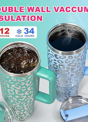 40 oz Tumbler with Handle and Straw, 100% Leak-Proof Travel Mug, Stainless Steel Double Wall Vacuum Insulated Coffee Cup Keeps Cold For 34 Hours, Dishwasher Safe, Hot Pink Leopard