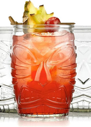 Libbey Tiki Statue Rocks Glasses Set, Iconic Mid Century Short Drinking Glasses Set of 4, Modern Cocktail Drinking Glasses for Backyard Parties