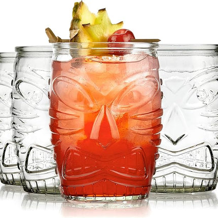 Libbey Tiki Statue Rocks Glasses Set, Iconic Mid Century Short Drinking Glasses Set of 4, Modern Cocktail Drinking Glasses for Backyard Parties