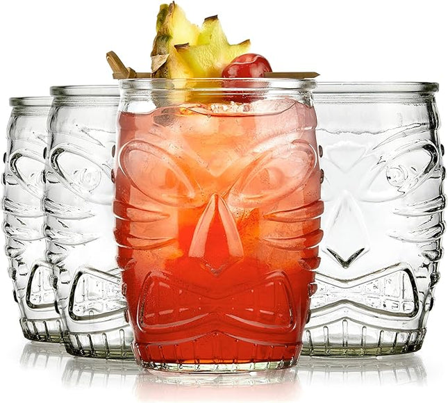 Libbey Tiki Statue Rocks Glasses Set, Iconic Mid Century Short Drinking Glasses Set of 4, Modern Cocktail Drinking Glasses for Backyard Parties