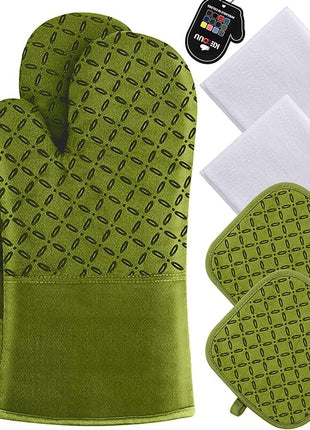 KEGOUU Oven Mitts and Pot Holders 6pcs Set, Kitchen Oven Glove High Heat Resistant 500 Degree Extra Long Oven Mitts and Potholder with Non-Slip Silicone Surface for Cooking (Olive Drab)