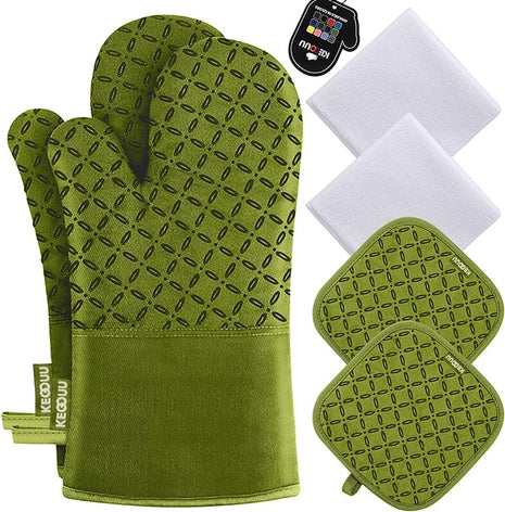 KEGOUU Oven Mitts and Pot Holders 6pcs Set, Kitchen Oven Glove High Heat Resistant 500 Degree Extra Long Oven Mitts and Potholder with Non-Slip Silicone Surface for Cooking (Olive Drab)