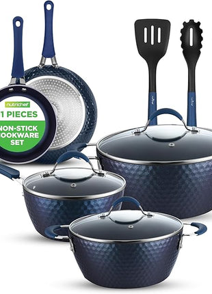 NutriChef 11-Piece Kitchen Cookware Set, Non-Stick Pots and Pans, Easy-to-Clean, Kitchen Utensils Set with Ceramic Coating for Home Cooking, Induction Safe, Diamond Pattern