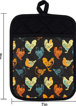 Pot Holders Set of 2 Heat Resistant 480 ℉Non Slip Clear Silicone Printed Comfortable Cotton Lining Kitchen Women Men Cooking Baking Microwave Machine Washable (Rooster, Black Potholders)