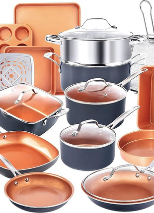 Gotham Steel True 20 Pc Ceramic Cookware Set Nonstick, Ceramic Pots and Pans Set Non Stick with Deep Square Pan Set & Bakeware Set, Non Toxic PFOA PFOS Free, Oven & Dishwasher Safe, No Cheater Pieces