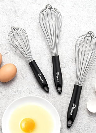 NileHome Silicone Whisk Set 8" 10" 12", 3 Pack Kitchen Whisk Kitchen Wisk Wire Whisks for Cooking, Whisking, Blending, Beating, Stirring-Black Silver
