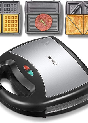 Yabano Sandwich Maker, 3 in 1 Waffle Maker, Toaster and Electric Panini Press Grill with Non-stick Coating Plate, Easy to Clean, Heating Up Fast