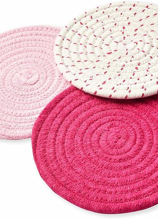Kitchen Potholders Set Trivets Set 100% Pure Cotton Thread Weave Hot Pot Holders Set (Set of 3) Stylish Coasters, Hot Pads, Hot Mats, Spoon Rest For Cooking and Baking by Diameter 7 Inches (Pink)
