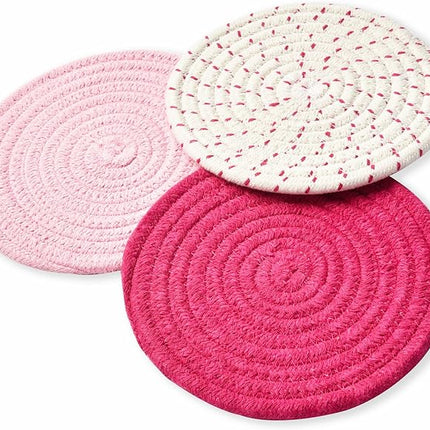 Kitchen Potholders Set Trivets Set 100% Pure Cotton Thread Weave Hot Pot Holders Set (Set of 3) Stylish Coasters, Hot Pads, Hot Mats, Spoon Rest For Cooking and Baking by Diameter 7 Inches (Pink)