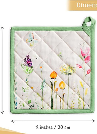 Maison d' Hermine Pot Holders 100% Cotton Heat Resistant Potholders 8" x 8" Hot Pads with Loop BBQ, Cooking, Baking, Grilling, Kitchen, Handling Hot Pans Spring/Summer (Pack of 1, Botanical Fresh)