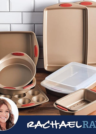 Rachael Ray Cucina Nonstick Bakeware Set Baking Cookie Sheets Cake Muffin Bread Pan, 10 Piece, Latte Brown with Cranberry Red Grips