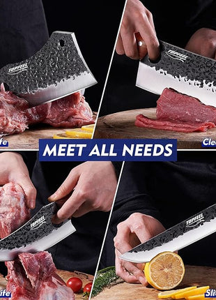 4PCS Meat Cleaver Set -Heavy Duty Bone Chopper & Meat Cleaver & Viking Knife & Slicing Knife, Chef Knives Set for Home Kitchen,Camping, BBQ Knives Gift for Men
