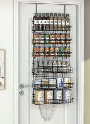 JKsmart 6-Tier Spice Rack Organizer with Door Hook, Wall Mounted & Over the Door Spice Racks for Kitchen Pantry Door Cabinet, Two Size, Large Capacity, Black