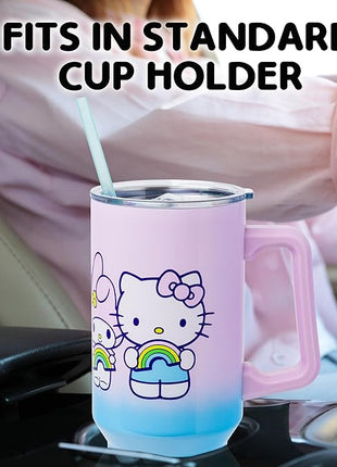 Silver Buffalo Sanrio Hello Kitty and Friends Featuring My Melody, Kuromi, and Pompompurin Rainbow Ombre Stainless Steel Tumbler with Handle and Straw, Fits in Standard Cup Holder, 40 Ounces