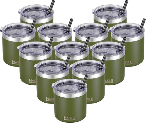 HASLE OUTFITTERS 10oz Insulated Tumblers with Lid and Straw,Stainless Steel Tumbler Travel Coffee Mug,Double Wall Reusable Tumbler Cup for Iced and Hot Drinks（Army Green，12 Pack