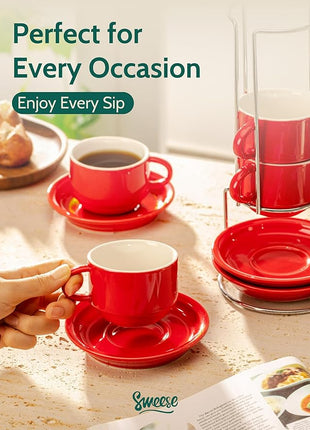 Sweese 8 Ounce Porcelain Stackable Cappuccino Cups with Saucers and Metal Stand - for Specialty Coffee Drinks, Cappuccino, Latte, Americano and Tea - Set of 4, Red