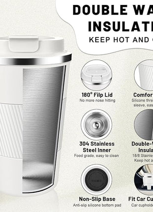 Insulated Coffee Tumblers with Flip Lid 12oz / 17oz, Stainless Steel Travel Coffee Mug Leak Proof, Vacuum Insulated Coffee Mug Reusable Cup, Keeps Cold and Hot for Coffee Tea