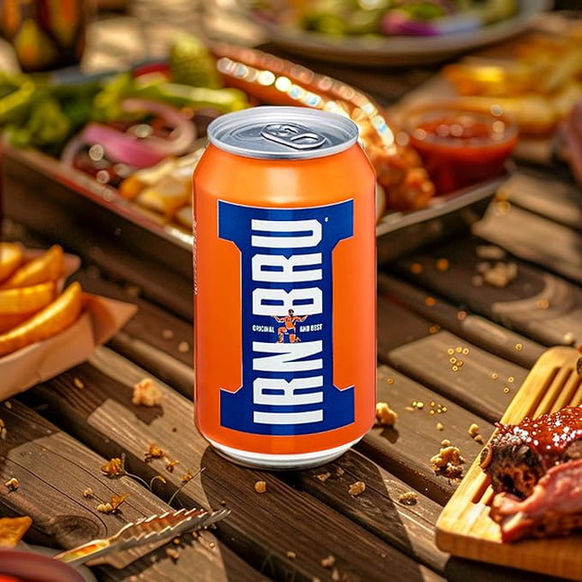IRN-BRU Original Scottish Sparkling Soda, Citrus Flavored Carbonated Drink - Sparkling Flavored Soft Drink, 32 Flavor Recipe, 11.1 fl oz Cans, Pack of 24