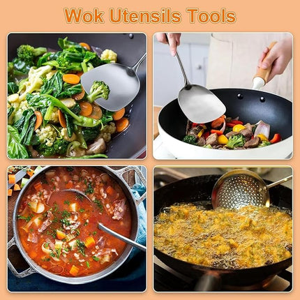 FJNATINH Soup Ladle, 13.7inches Ladle for wok, 304 Stainless Steel wok spatula,Wooden Handle