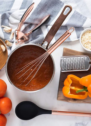 Black and Copper Kitchen Utensils with Holder - 17 Piece Set with Measuring Cups and Spoons, Rose Gold Cooking Tools - Stylish Black and Copper Kitchen Accessories for Modern Cooking and Baking